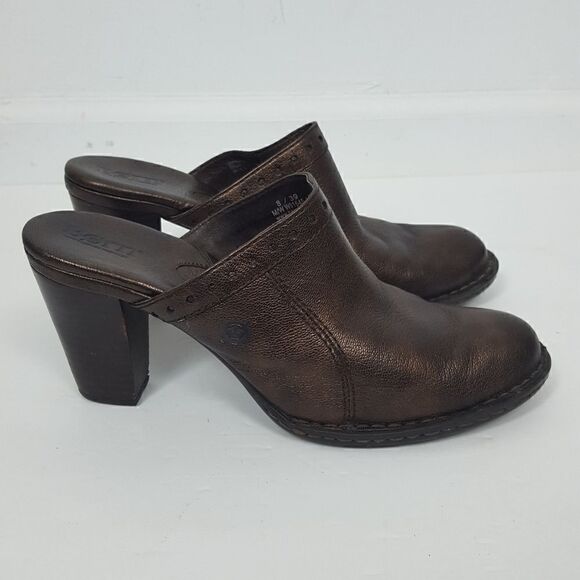 BORN Leather Clogs Heels Boots Slides Size 8 Brown High Heels - Picture 1 of 7